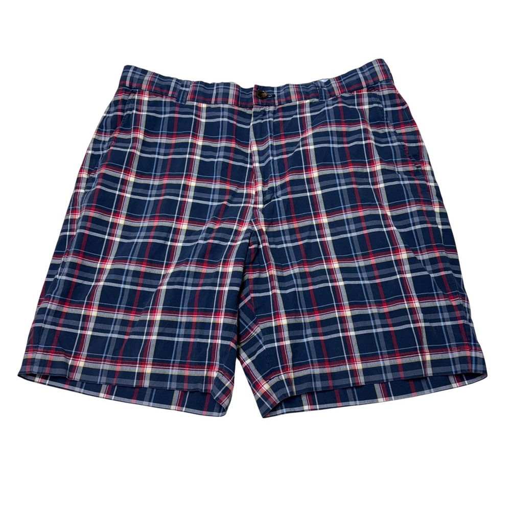 Brooks Brothers Mens Bermuda Shorts 36X9 Navy Blue Red Plaid Cotton Tartan